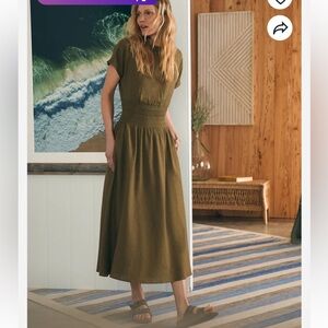 Faherty Coast to Coast Smocked Waist Organic Cotton Midi Dress Olive Size M